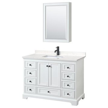 Deborah 48" White Single Vanity, Carrara Marble Top, Trim, Medicine Cabinet