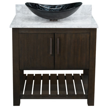 30" Vanity, Carrara White Marble Top, Backsplash, Sink, Drain, and P-Trap, Oil Rubbed Bronze, Without Mirror