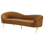 Meridian Furniture - Ritz Velvet Upholstered Sofa, Saddle - Get comfy while remaining chic in this elegant Ritz saddle velvet sofa. Plush saddle-colored upholstery provides a soft texture that is pleasing to the senses, while its curved design offers a contemporary touch to your home furnishing. Gold metal legs complement the sofa's sophisticated saddle color, creating a gallant piece anyone would be proud to display in their home.