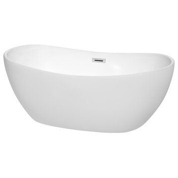 Rebecca 60" Freestanding White Bathtub, Polished Chrome Drain and Overflow Trim