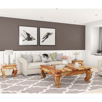 Halfeti Contemporary Rustic Solid Wood 3 Piece Opium Coffee Table Set