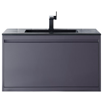 Milan 35.4" Single Vanity Cabinet, Modern Grey Glossy W/charcoal Black  Top