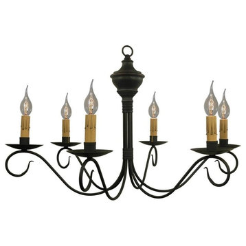 6 Arm Colonial Chandelier Wood Metal Handcrafted, Black on Barn Red