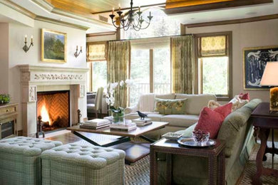 Example of a classic living room design in Denver with a standard fireplace