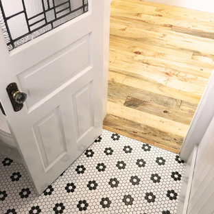 Mid-sized farmhouse 3/4 mosaic tile floor and white floor bathroom photo in San Luis Obispo with a two-piece toilet, pink walls, a pedestal sink and white countertops