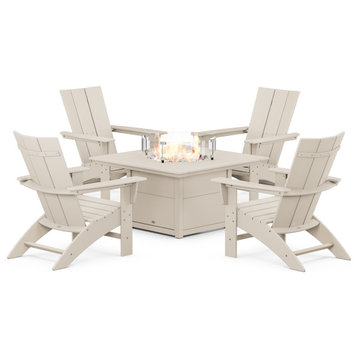 Modern Curveback Adirondack 5-Piece Set With Fire Pit Table, Sand