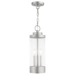 Livex Lighting - Livex Lighting Hillcrest 3 Light Brushed Nickel Large Outdoor Pendant Lantern - The three light outdoor pendant lantern from the Hillcrest collection made of rugged stainless steel features a simple elegant brushed nickel frame paired with closed top clear glass shade. The shade is accented with a banded brushed nickel ring to carry through the theme of finely crafted metal fittings.�