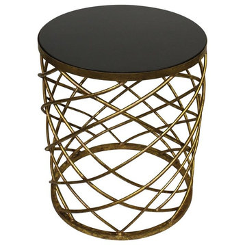 Round Gold Iron Drum Cage Accent Table, Black Granite Top Marble