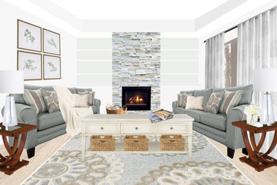 Example of a mid-sized classic enclosed beige floor living room design in Other with beige walls, a hanging fireplace and a tile fireplace