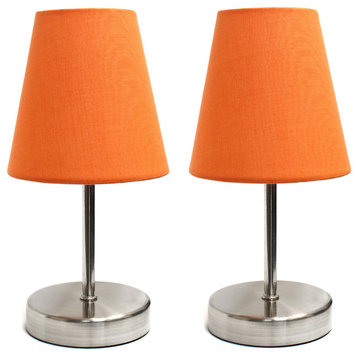 Simple Designs Sand Nickel Mini Basic Table Lamps, Fabric Orange 2-Pack Set