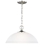 Generation Lighting - Geary Pendant Light in Brushed Nickel - The Sea Gull Collection Geary one light indoor pendant in Brushed Nickel enhances the beauty of your home with ample light and style to match today's trends. Adaptability takes center stage with the Geary Collection. This series of traditional up-light pendants, semi-flush and flush-mount fixtures feature decoratively bowed arms and constructed of rectangular steel tubing. Geary is a true cross-collection piece, offered in four beautiful finishes Midnight Black, Brushed Nickel, Chrome and Bronze. The Geary has a universal appeal matching 24 different Sea Gull Collection interior collections. Offering subtle style with practical design, Geary is at home in almost any room. The fixtures have a fluid movement with a traditional look to complement a wide range of decor.  This light requires 1 , 100 Watt Bulbs (Not Included) UL Certified.