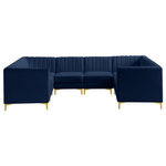 Meridian Furniture - Alina Velvet Modular U-Shaped Sectional, Navy, 8-Piece: 4 Armless Chair, 4 Corner Chair - Bring modern beauty to your space with the addition of this Alina Velvet Modular sectional. This beautiful sectional features deep channel tufting to ramp up its visual interest and add to its resilient demeanor. Its soft navy velvet upholstery blends nicely with existing elements in your room and is sleek to the touch, making this seat a super comfortable one. Part of the modular Alina collection, this sectional has a latch that attaches it to other pieces to create your custom seating arrangement.