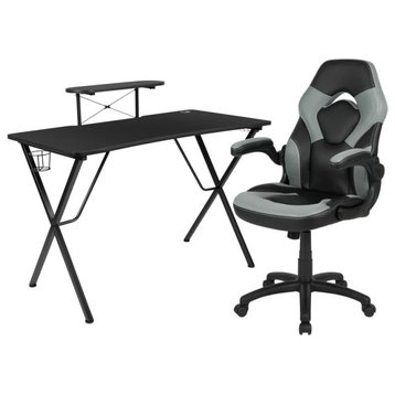 Modern Gaming Desk With Comfortable Chair, Raised Shelf & Cup Holder, Gray