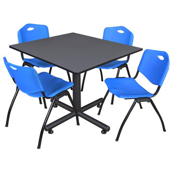 Kobe 48" Square Breakroom Table- Grey & 4 'M' Stack Chairs- Blue