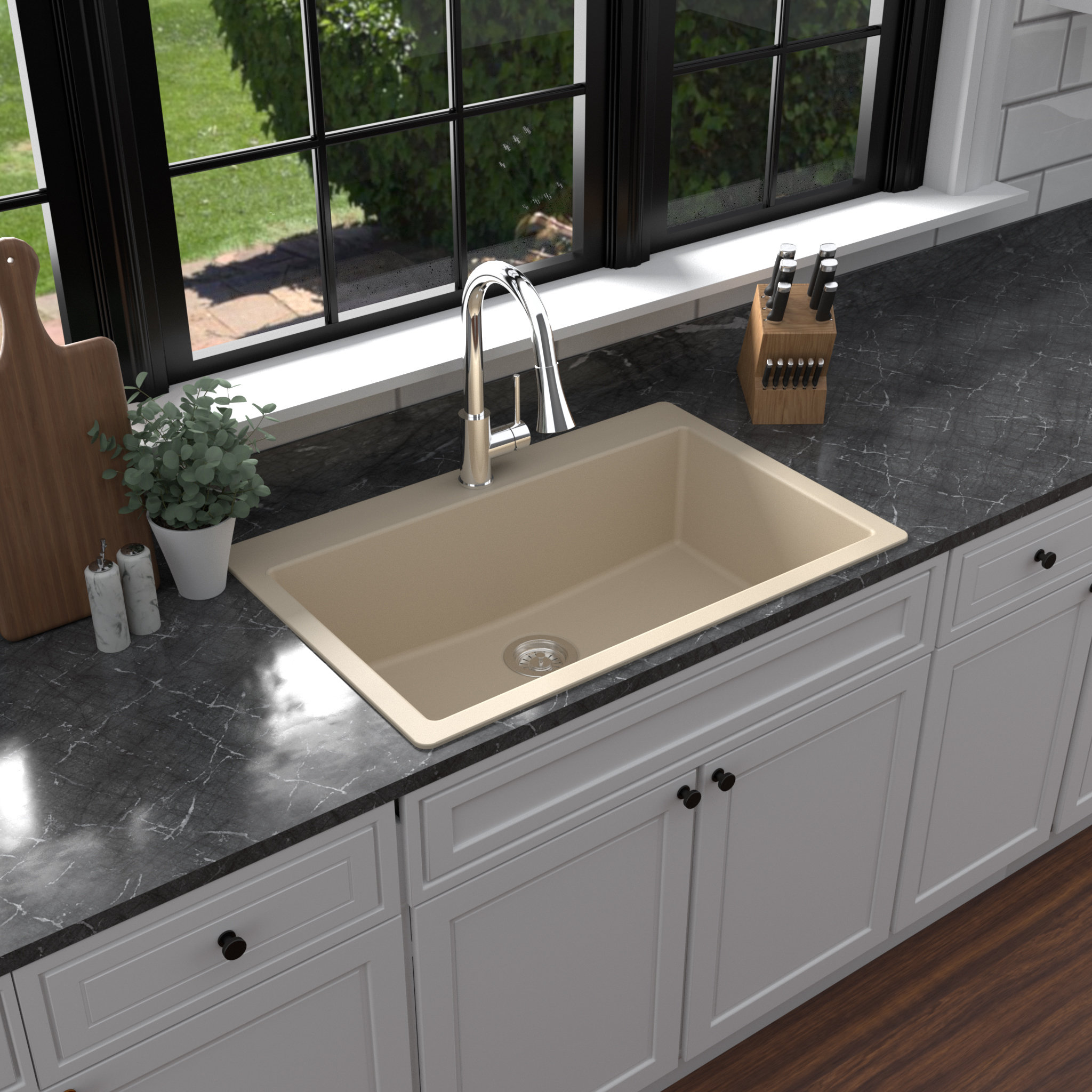 Karran QT-812 Top Mount 33" Large Single Bowl Quartz Kitchen Sink, Bisque