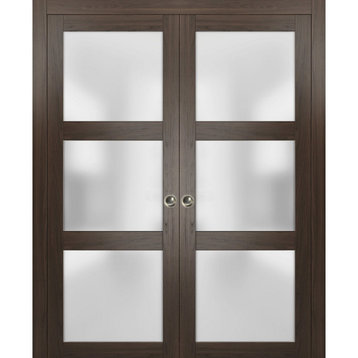 French Double Pocket Doors 36 x 80 Frosted Glass, Lucia 2552 Chocolate Ash
