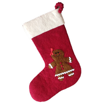 Gingerbread Girl on Red Christmas Stocking in Hand Felted Wool
