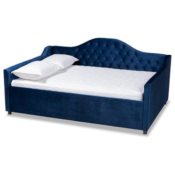 Modern Navy Blue Velvet Fabric Upholstered Button Tufted Queen Size Daybed