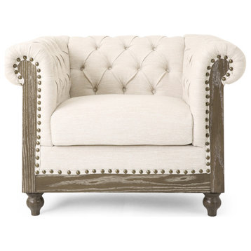 Alejandro Chesterfield Tufted Fabric Club Chair with Nailhead Trim, Beige and Da