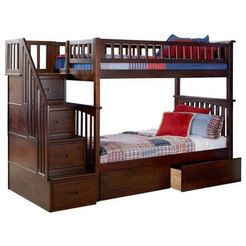 AFI Columbia Twin Over Twin Solid Wood Staircase Storage Bunk Bed in Walnut