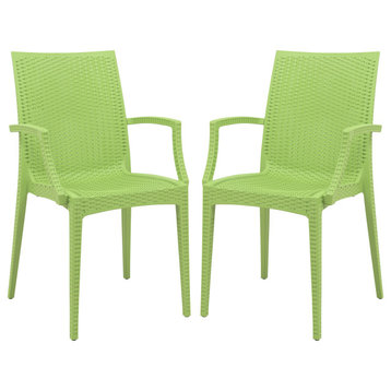 LeisureMod Weave Mace Indoor/Outdoor Chair, With Arms, Set of 2 Green