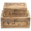 Natural Wood Storage Boxes, Dark Brown, Carved Circular Accents, 2-Piece Set