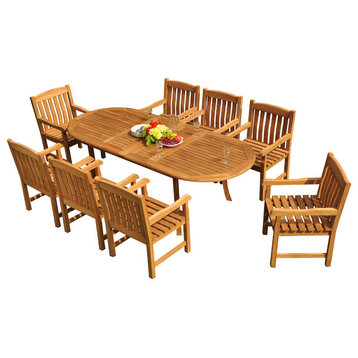 9-Piece Outdoor Teak Dining Set, 94" Extension Oval Table, 8 Devon Arm Chairs