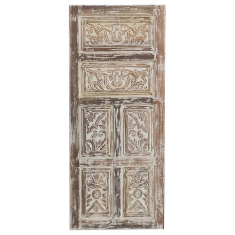 Consigned Vintage Door Whitewashed Carved Wood Sliding Barn Door