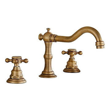 Deck Mounted 3-Hole Double Handle Widespread Bathroom Faucet, Antique Brass
