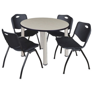 Kee 36" Round Breakroom Table- Maple/ Chrome & 4 'M' Stack Chairs- Black