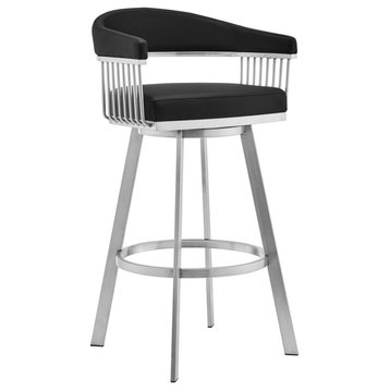 Chelsea 30" Black Faux Leather and Brushed Stainless Steel Swivel Bar Stool