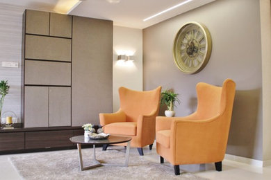 A seating area with a built-in  mini bar