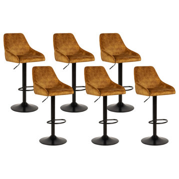 Velvet Adjustable Bar Stool Brown Upholstered Bar Chair Dining Room Set of 6