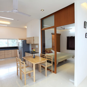 Low lintels horizontal window and skylightsin open kitchen/dining