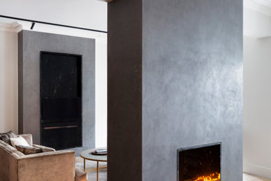 Design ideas for a large contemporary formal open plan living room in London with white walls, medium hardwood flooring, a two-sided fireplace, a stone fireplace surround and a wall mounted tv.