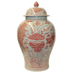 Coral Pink Orange Off White Flowers Fishes Graphic Round Ceramic Jar ws1142S Coral Pink Orange Off White Flowers Fishes Graphic Round Ceramic Jar ws1142S