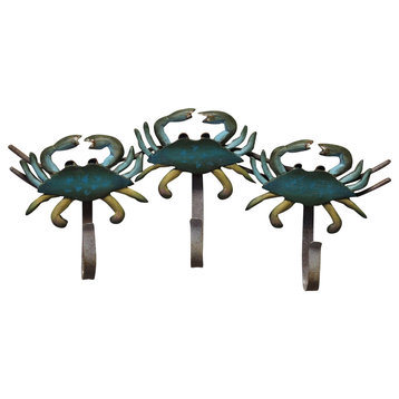 Maryland Blue Crabs Triple Hooks Carved Wood Wall Decor 11 Inches
