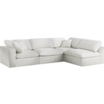 Meridian Furniture - Serene Linen Textured Fabric Deluxe Comfort 4-Piece L-Shaped Sectional, Cream - There's lots to love about the Serene linen textured deluxe cloud-like comfort modular collection, and this piece is not an exception. The soft cream linen textured fabric is cozy and sleek to the touch while the overstuffed down/feather cushions provide gentle support so you can relax and unwind like a VIP. Customize your seating with this modular set by adding the pieces you like most. Latches under each piece make it easy to snap them into position for a look that's modern yet welcoming.