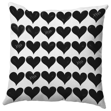 18"x18" XOXO Colored Hearts Valentines Indoor/Outdoor Pillow, Black-White