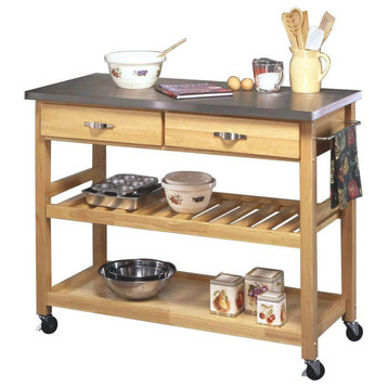 Spacious Kitchen Cart, Adjustable Slatted Shelf & Stainless Steel Top, Natural