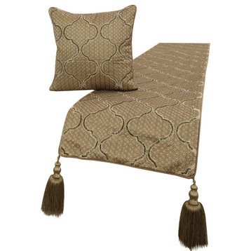 Beige Silk Full 68"x18" Bed Throws Runner Lattice Embroidery - Lattice Balance