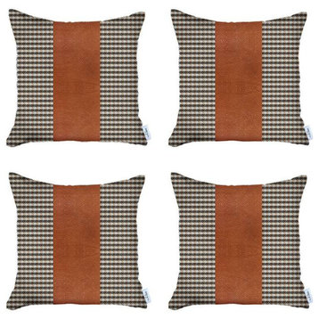 Set Of 4 Brown Checkered Faux Leather Pillow Covers