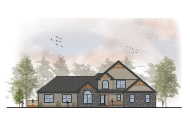 Transitional beige two-story stone and shingle exterior home photo in Cleveland with a shingle roof and a gray roof