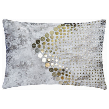 White Suede 12"x18" Lumbar Pillow Cover Antique Gold Foil Metal Sequin, Altynay