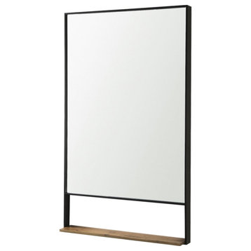 Cora Black Metal Frame With Brown Wood Shelf Rectangular Wall Mirror, 40" x 24"