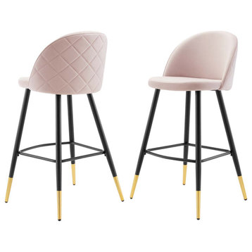 Bar Stool Chair Barstool, Set of 2, Velvet, Metal, Pink, Modern, Bar Pub Bistro
