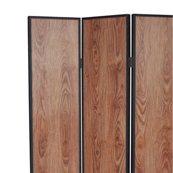 3 Panel Foldable Wooden Screen With Grain Details, Brown