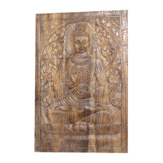 Consigned Vintage Hand Carved Wooden Wall Art Sitting Buddha Wall Panel