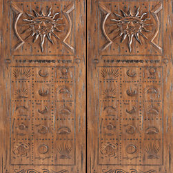 Mexican Style Prehung Double Door, Carved Aztec Motif, Mahogany - Front Doors