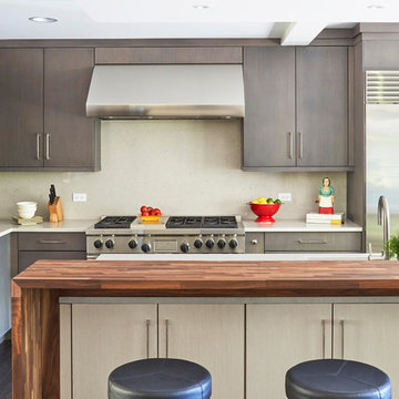 Contemporary Kitchen with Gray and Cream Cabinet Doors